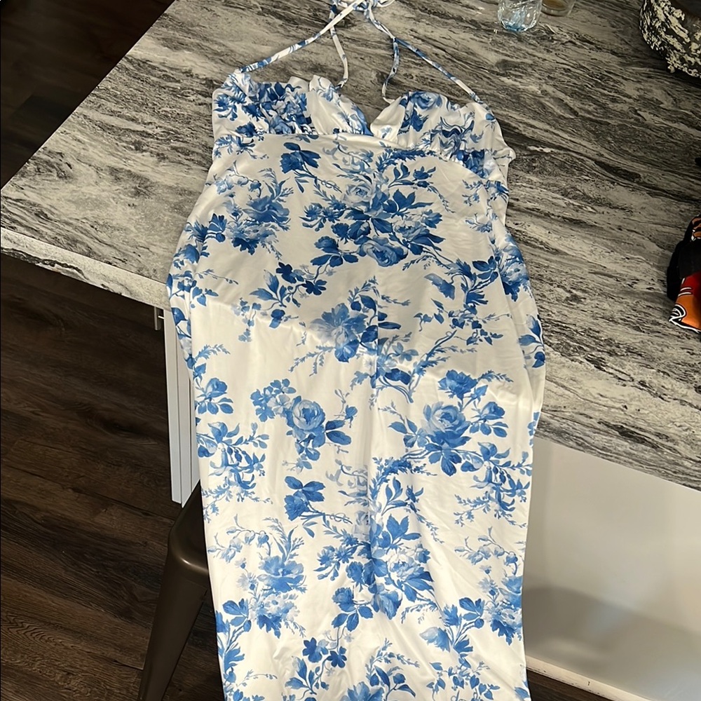 Blue Floral Halter Dress
